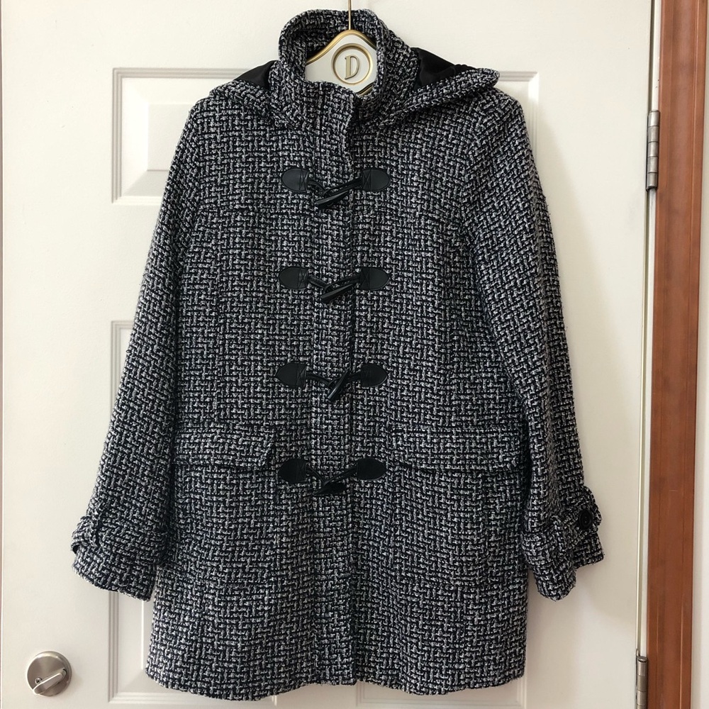 Black/Gray Tweed Jacket w/Button Detachable Hood & Toggle Buttons - L (12-14)